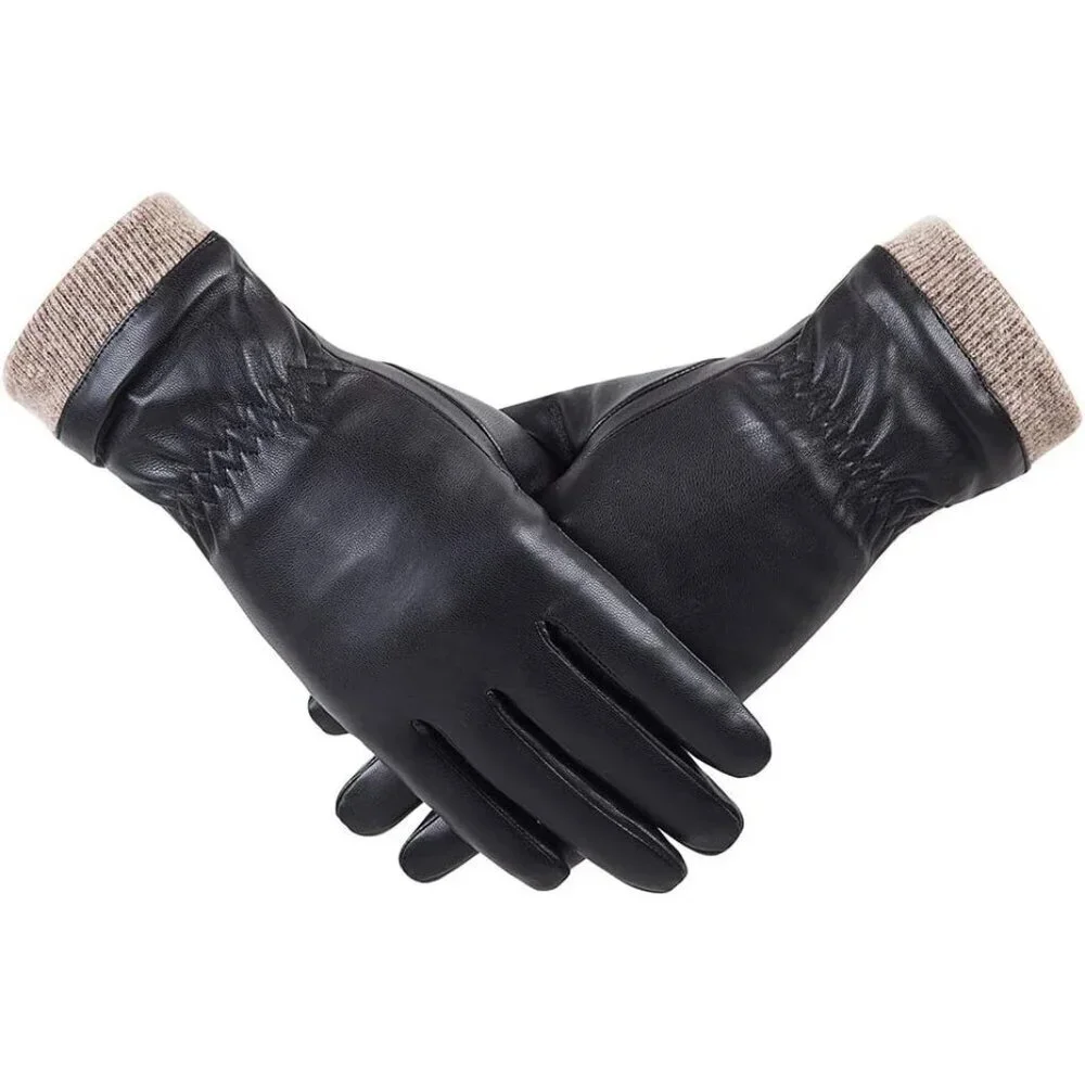 Women's Black Wool Fleece Lined Warm Touchscreen Thick Thermal Snow Gloves